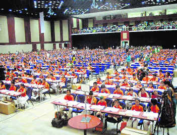  WHIZ KIDS: Schoolchildren participating in the biggest ever National Competition on Abacus and Brain Gym in Hyderabad on Saturday.